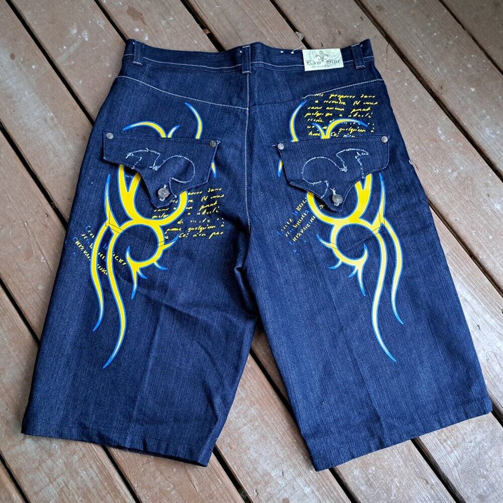 %Vintage Raw Blue Size 38 Y2k Baggy Denim Jean Shorts Men / J3